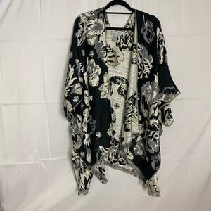 Catherine's Black White Rose Floral Fringe Kimono Open-Front OS NWT